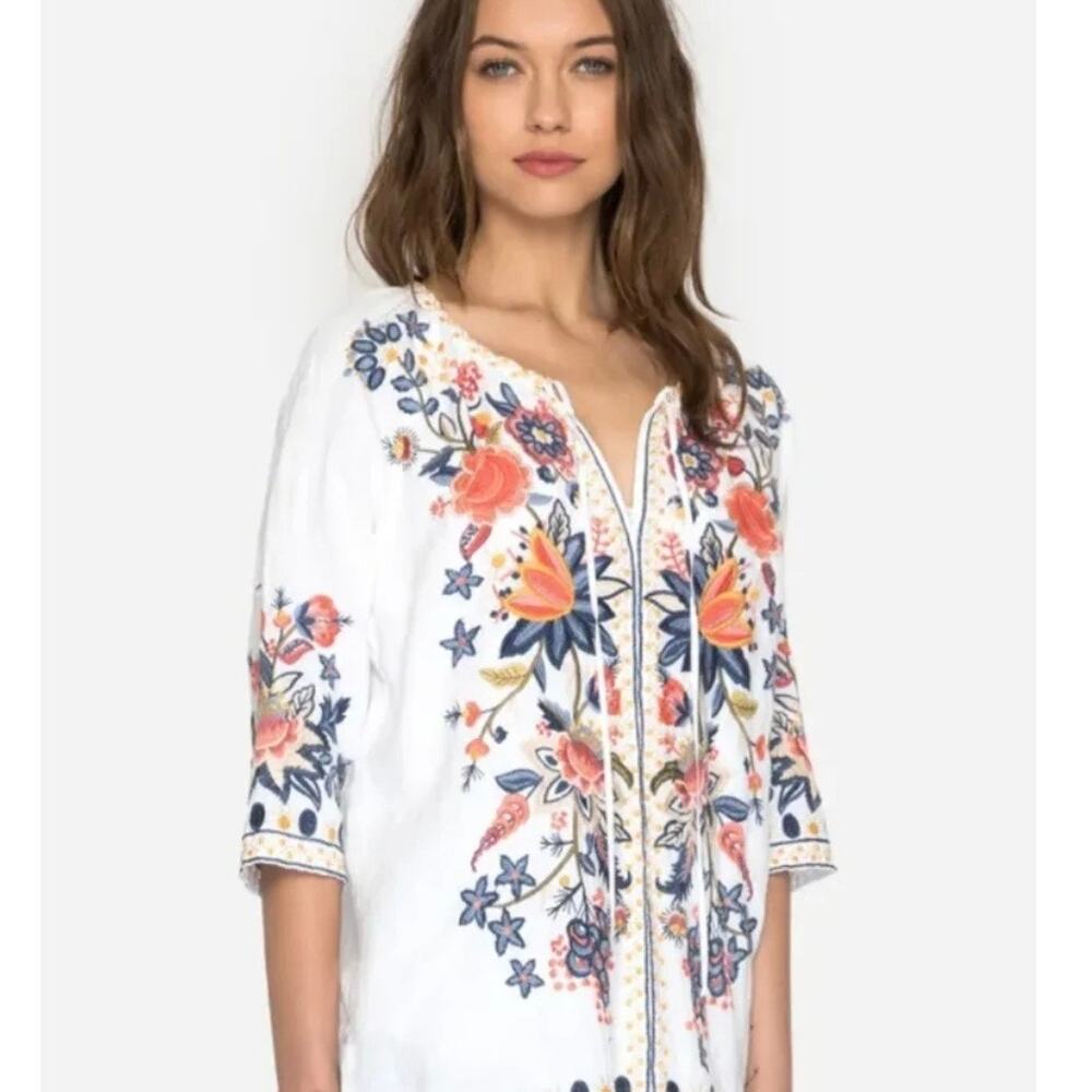 Johnny Was Linen Tiwa Blouse Tunic Top Small Boho Floral Peasant White